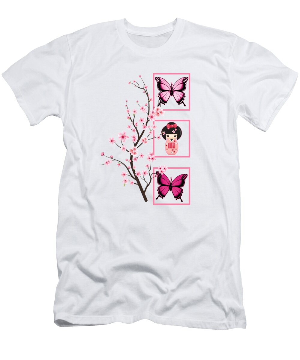 Cherry Blossom Sakura Kawaii Japanese Doll Pink Butterfly Pop Culture Cherry Blossom Festival Japanese Art Gift Sifou Store T-Shirt