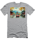Chevrolet Sonic Red Car on Mountain Road in Autumn with Japanese Temple Kyran Estrada T-Shirt