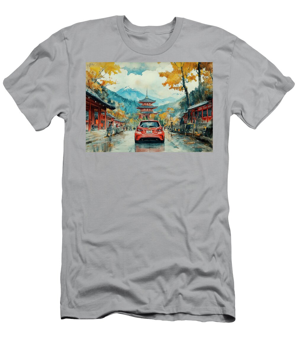 Chevrolet Sonic Red Car on Mountain Road in Autumn with Japanese Temple Kyran Estrada T-Shirt