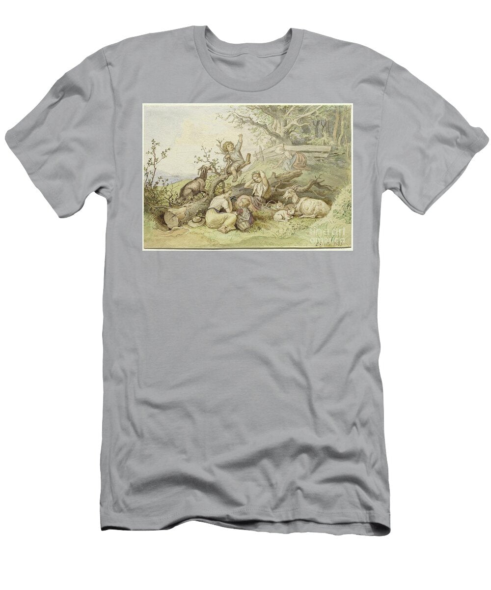 Children and Goats Resting By a Felled Tree Ludwig Richter1868 Artistic Rifki T-Shirt