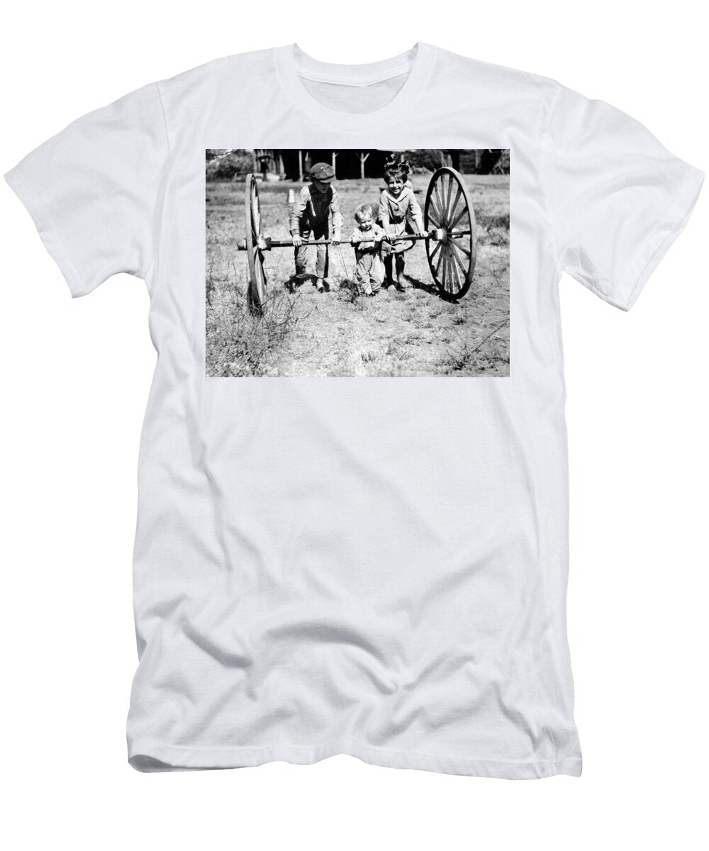 Children Kids Pushing Wagon Wheels 1920s Black Mark Goebel T-Shirt