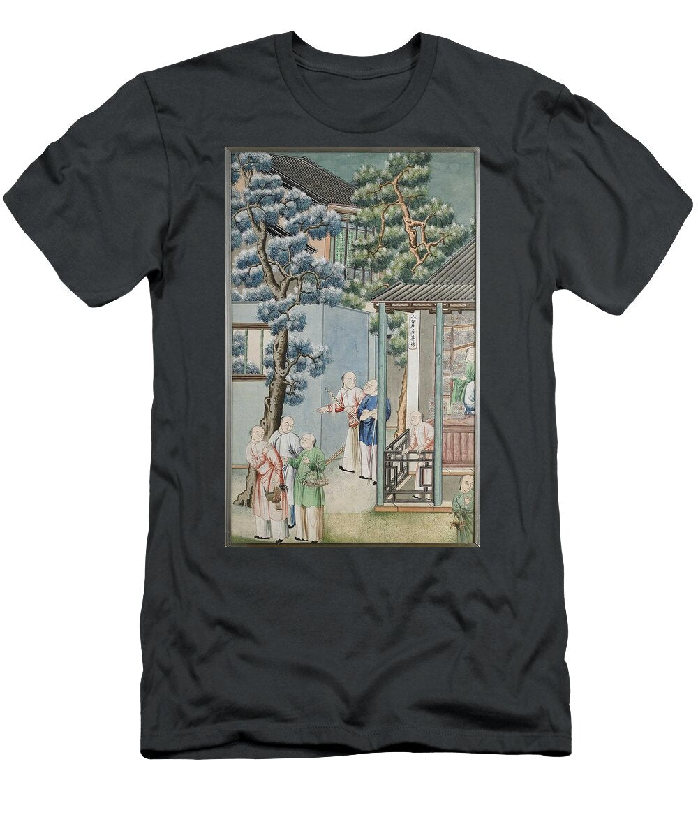 Chinese School Depicting Several Men in a Courtyard a Small Store with Sign the Tea Forest At Bai Celestial Images T-Shirt