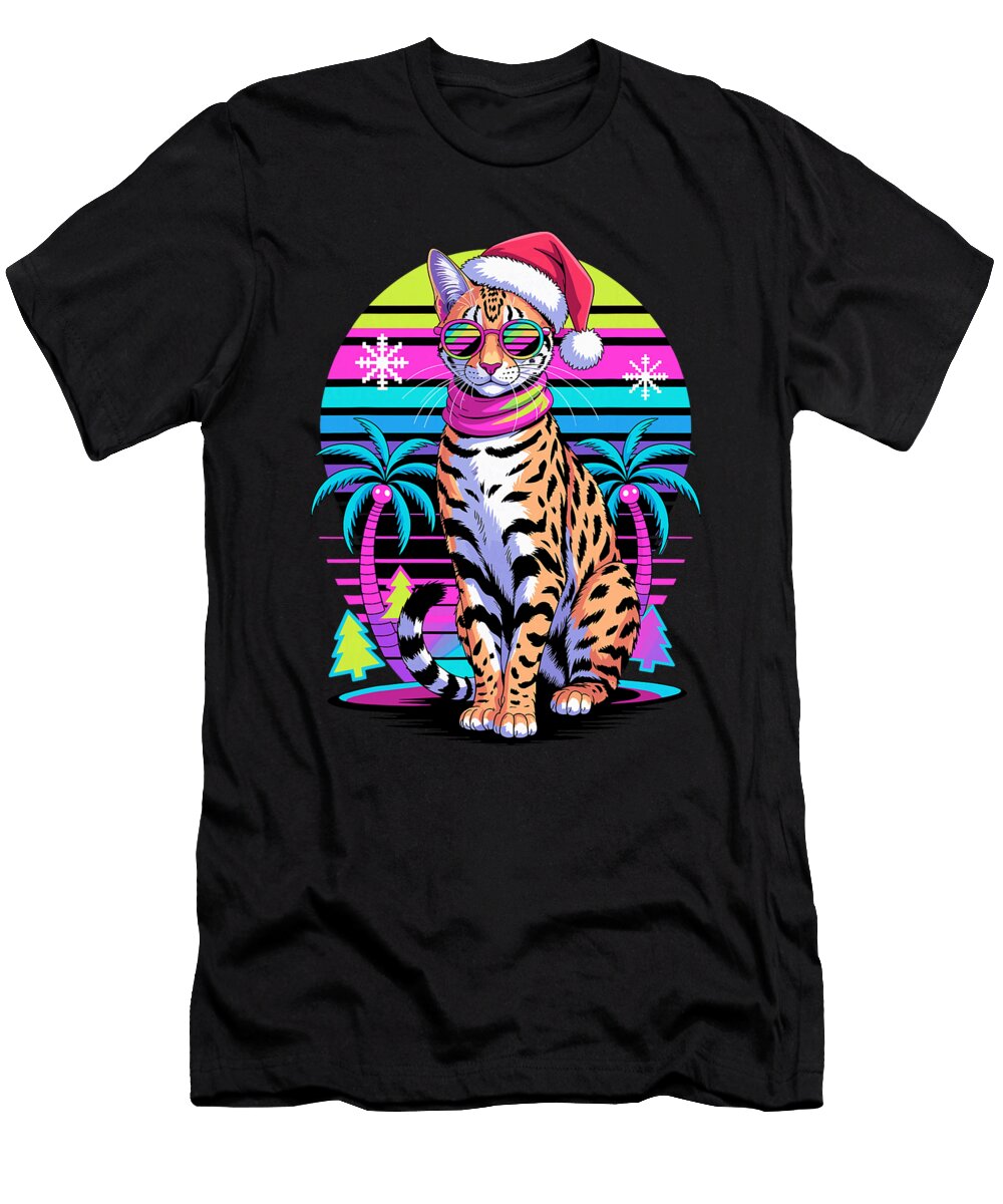 Christmas Synthwave Savannah Cat Sunglasses Sophie Eleanor T-Shirt