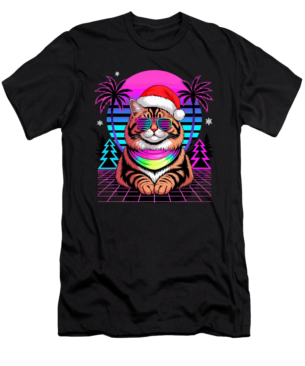 Christmas Synthwave Siberian Cat Sunglasses Sophie Eleanor T-Shirt