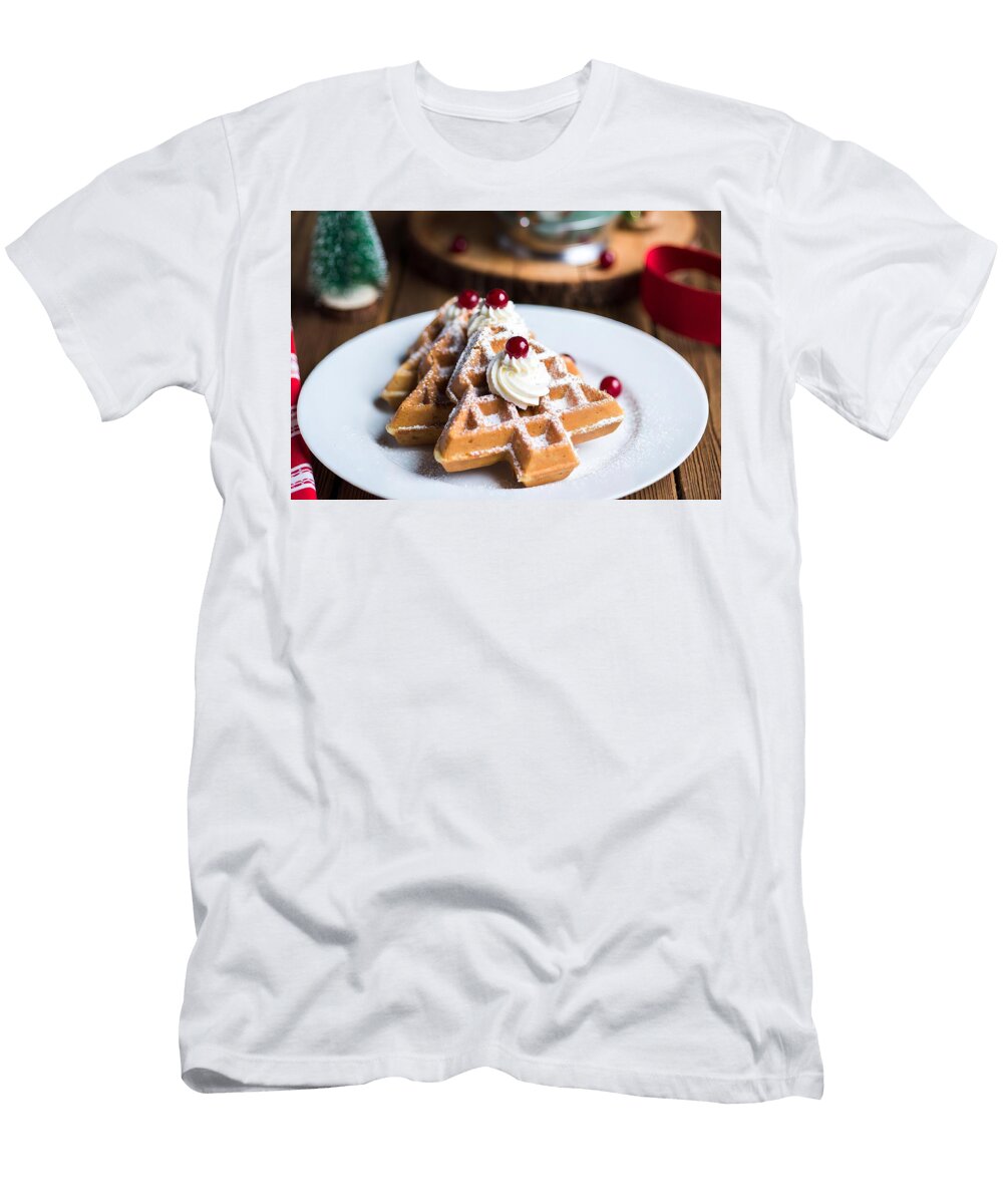 Christmas Tree Shaped Waffles with Whipped Cream on White Plate Talha Khan T-Shirt