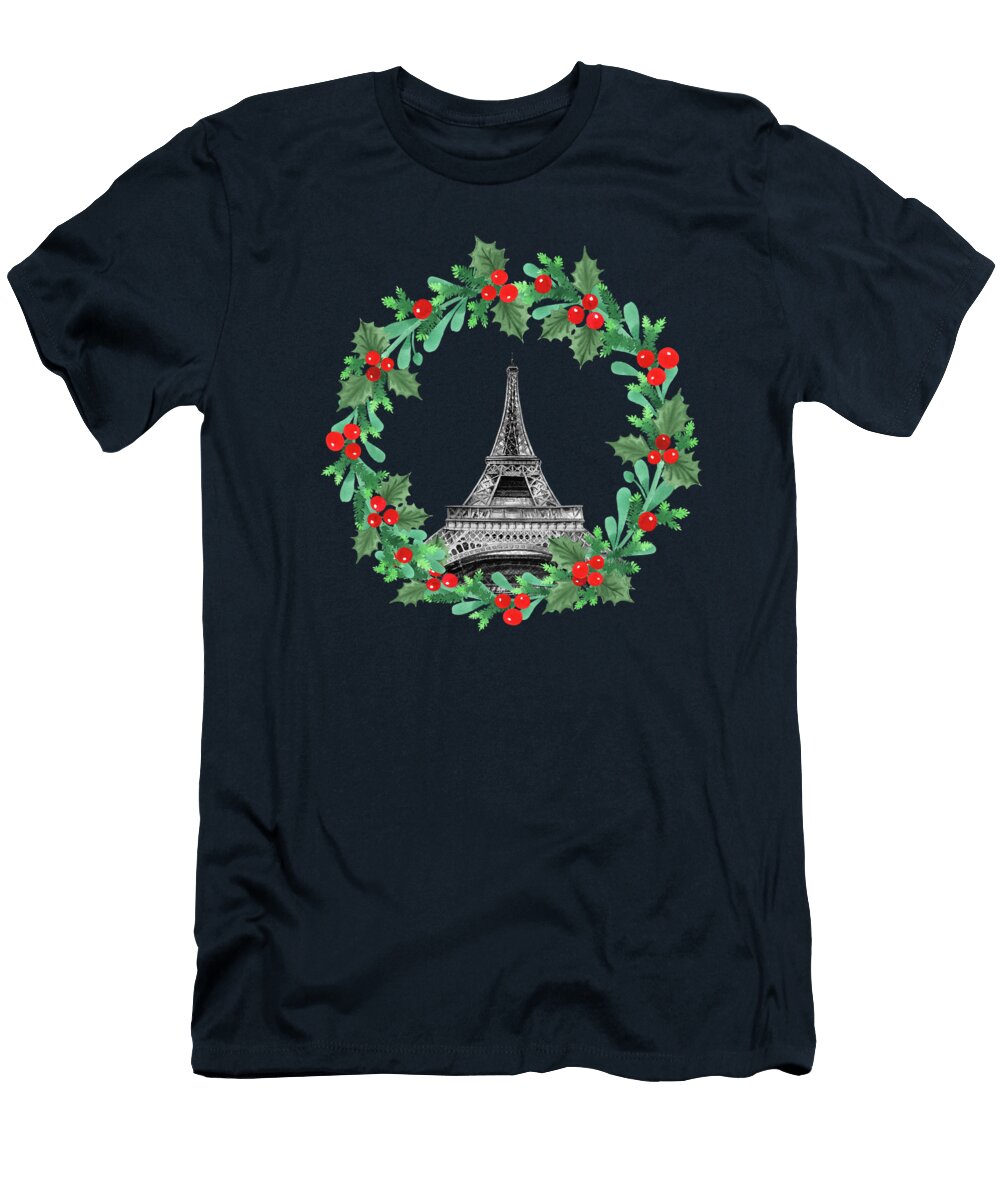 Christmas Wreath and Eiffel Tower Paris Holidays Watercolor Irina Sztukowski T-Shirt