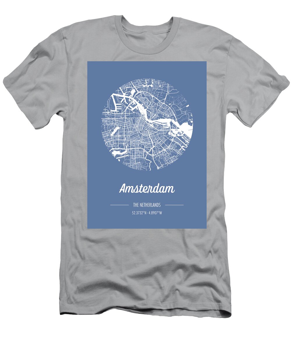 City Map in Blue Amsterdam the Netherlands with Retro Vintage Flair Dutch Pancakes Ezone Prints T-Shirt