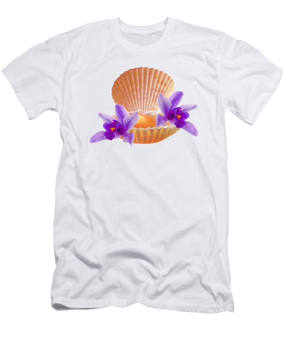 Clam Shell with Purple Orchids Gill Billington T-Shirt