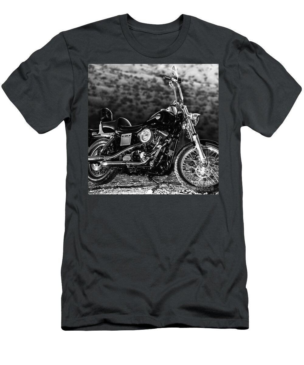 Classic Harley Davidson Motorcycle with Ape Hangers in Rugged Landscape Black and White Dmr Filho T-Shirt