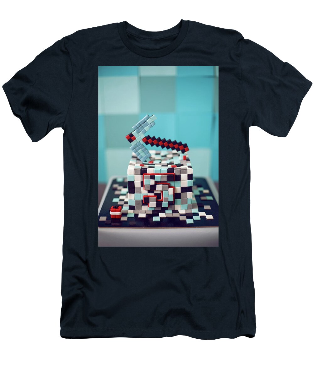 Close Up View Square Minecraft Cake Made of Pixels and Pickaxe on Top Birthday 5 Years Old Baby Boy Elena Saulich T-Shirt