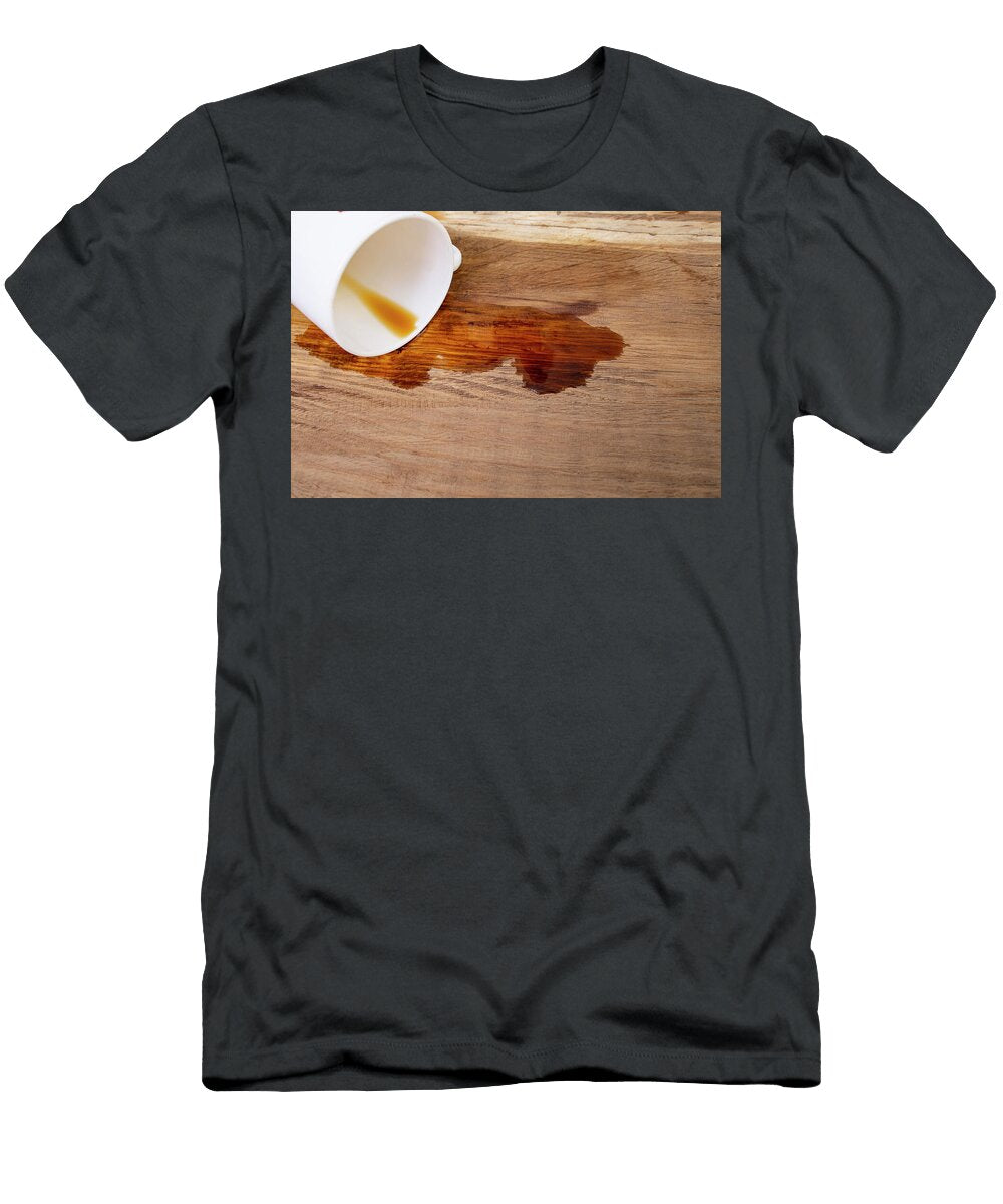 Coffee Spill From a White Ceramic Mug on Oak Wooden Desk Backgro Dorin Puha T-Shirt