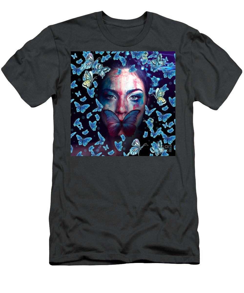Colorful Art Women with Shiny Butterflies Hdr T-Shirt
