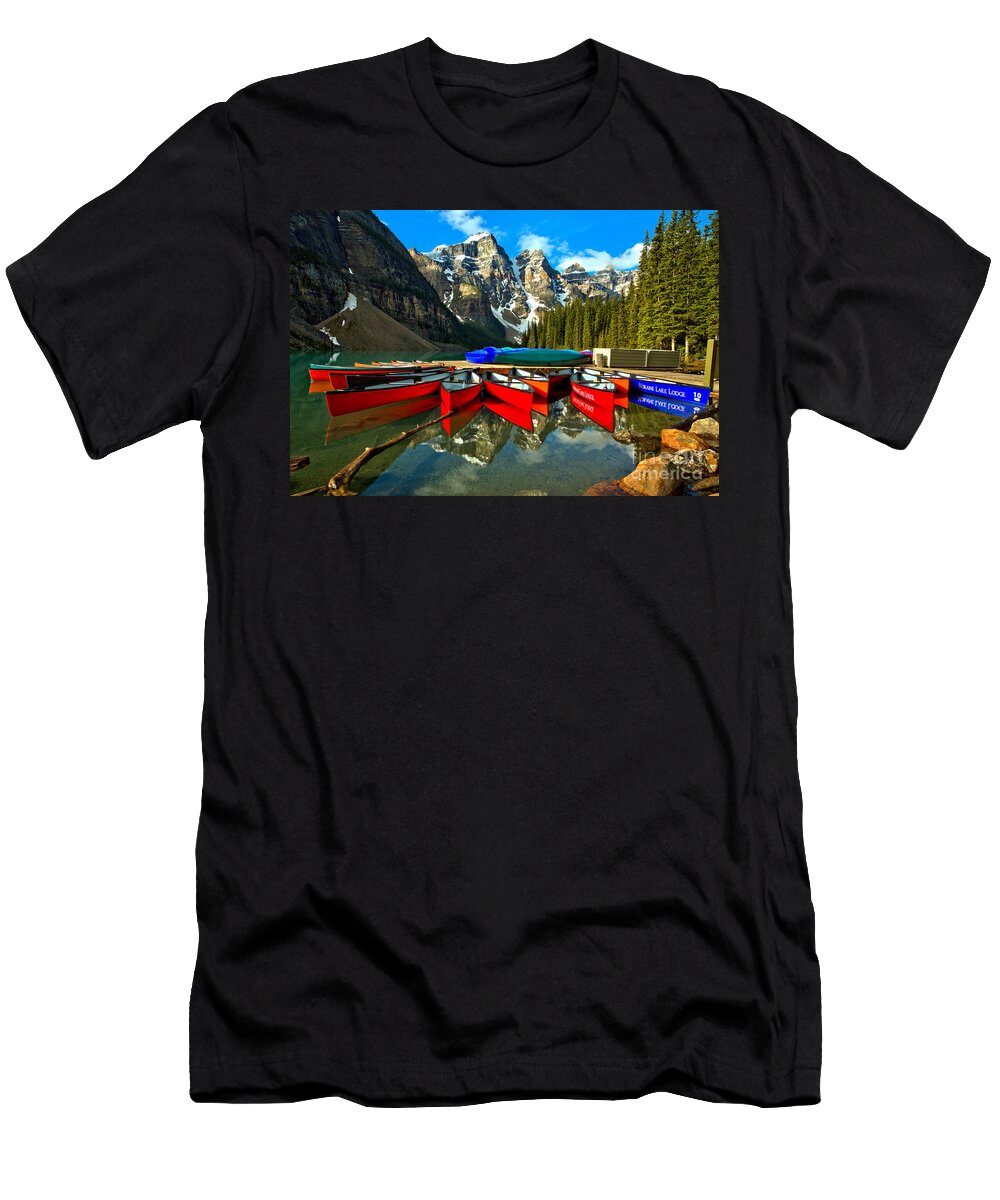 Colorful Moraine Lake Canoes Adam Jewell T-Shirt