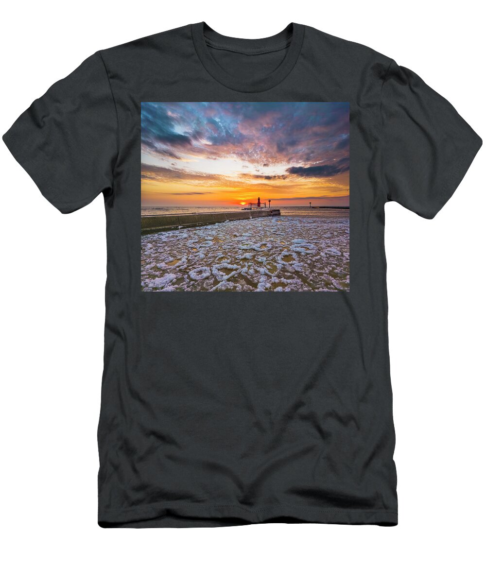 Colorful Sky Over Lonelyastonishing Colorful Sky Over Lonely Iconic Lightho Lighthouse At Sunrise James Brey T-Shirt