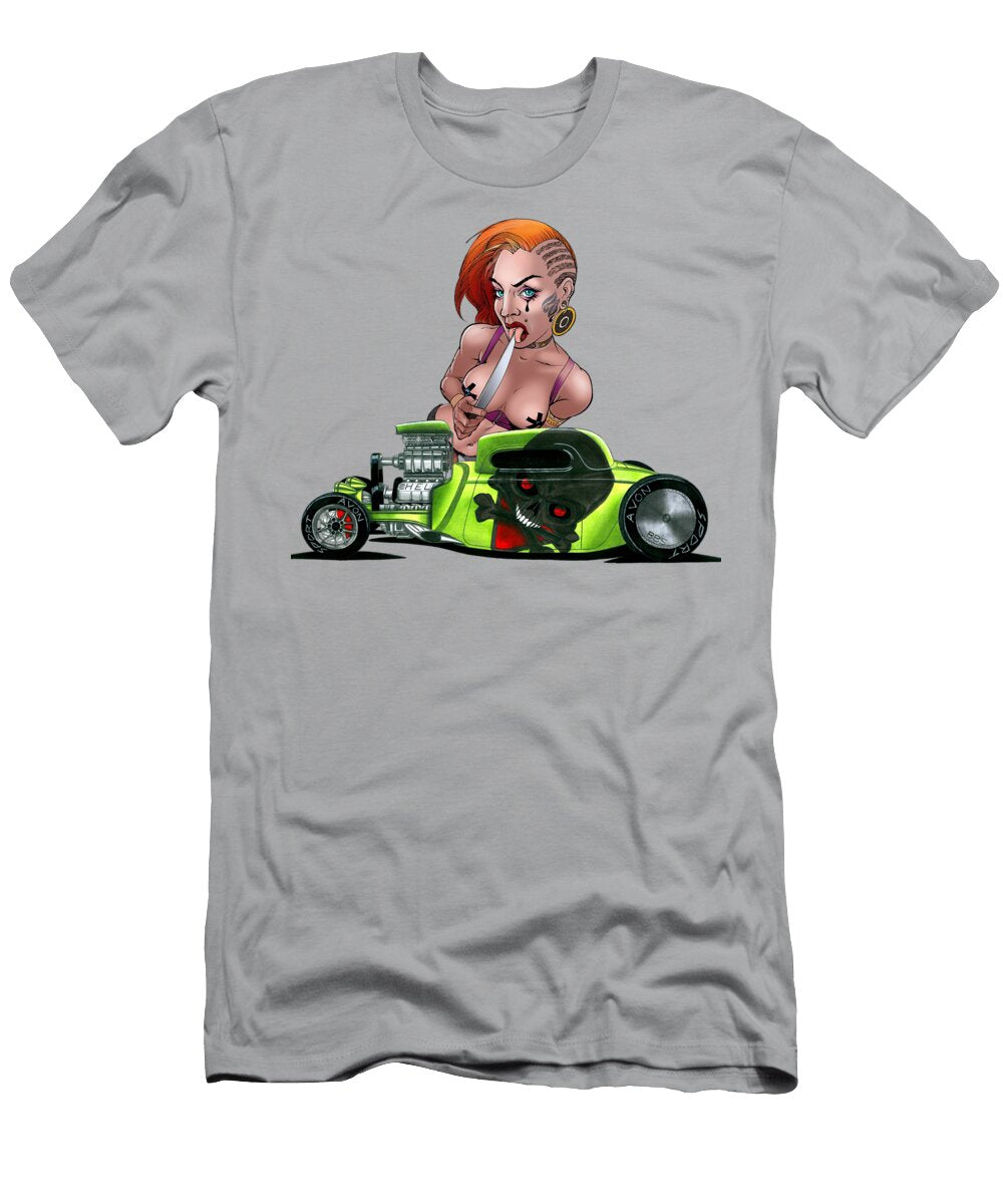 Crazy Hellish Green American V8 Supercharged Hot Rod with Sexy Mad Girl Vladyslav Shapovalenko T-Shirt
