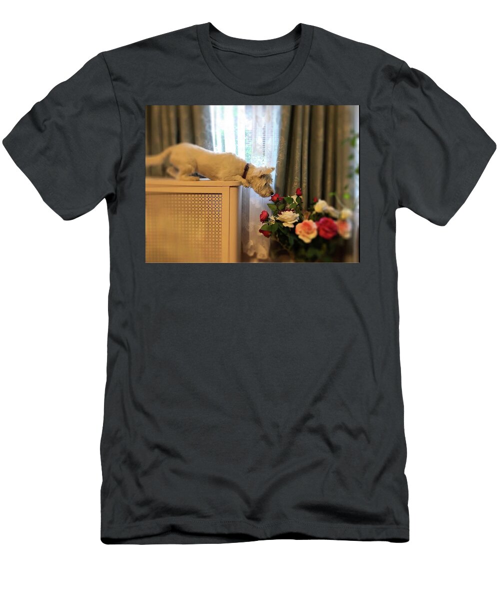 Curious Dog Sniffing Flowers Christine Gibbons T-Shirt