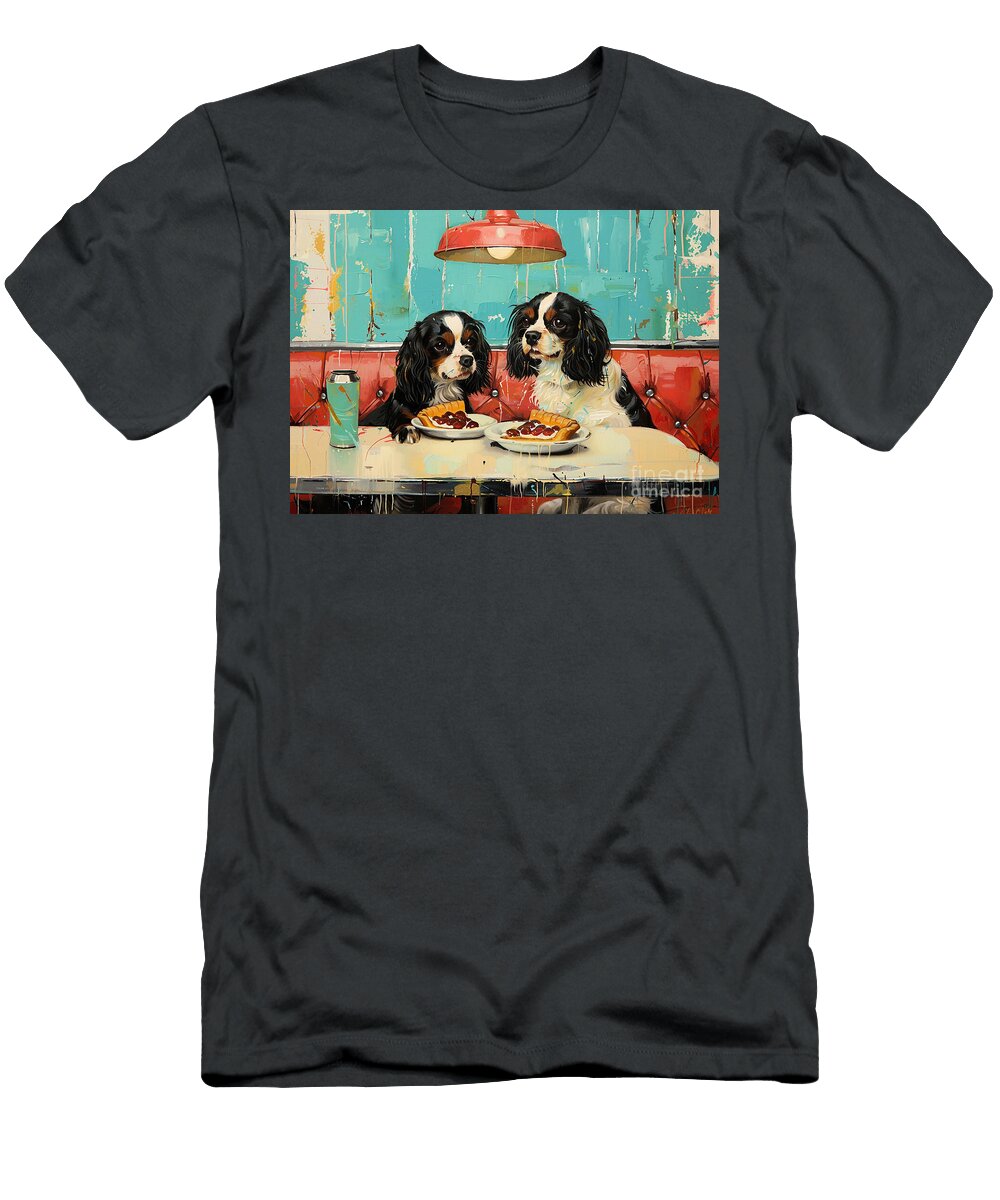 Cute Couples Happy English Toy Spaniel Dog Sharing a Slice of Pie At a Diner Eldre Delvie T-Shirt
