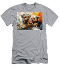 Cute Couples Happy Lowchen Dog Sharing a Hotdog At a Baseball Game Eldre Delvie T-Shirt