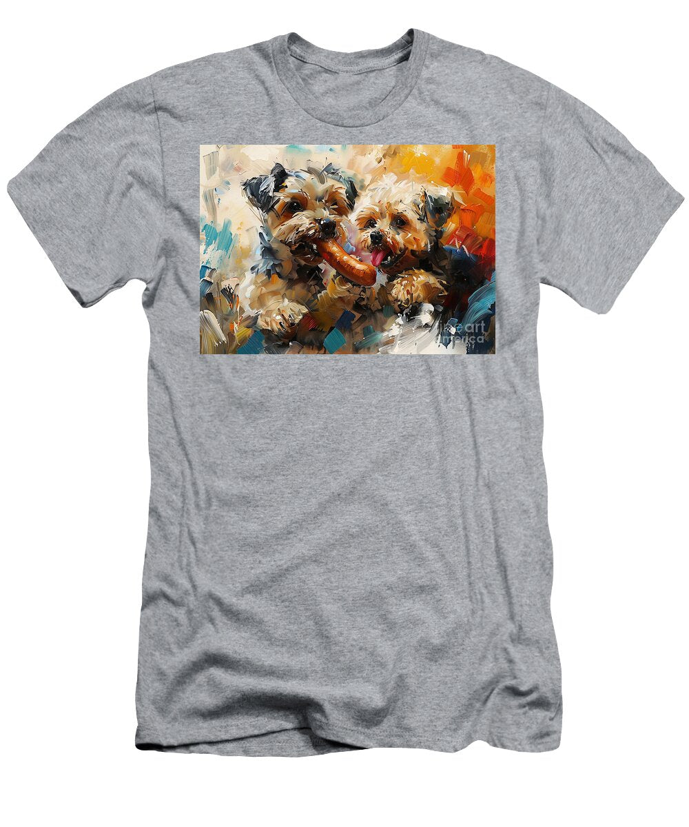 Cute Couples Happy Lowchen Dog Sharing a Hotdog At a Baseball Game Eldre Delvie T-Shirt