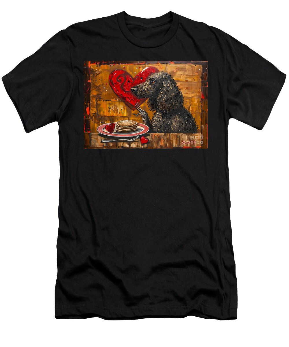Cute Couples Joy Irish Water Spaniel Dog Making Heartshaped Pancakes for Breakfast Eldre Delvie T-Shirt