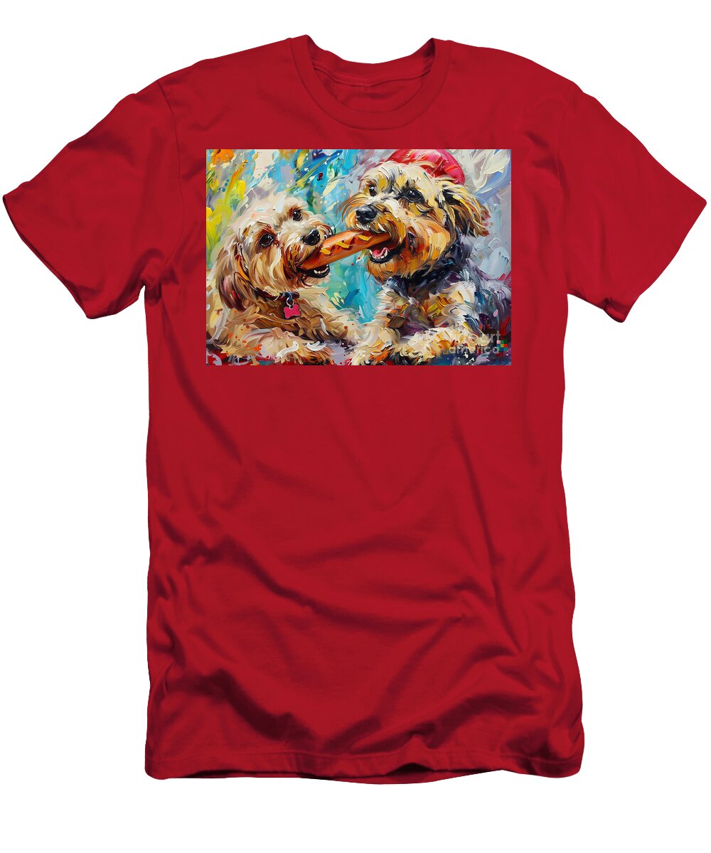 Cute Couples Joy Lowchen Dog Sharing a Hotdog At a Baseball Game Eldre Delvie T-Shirt