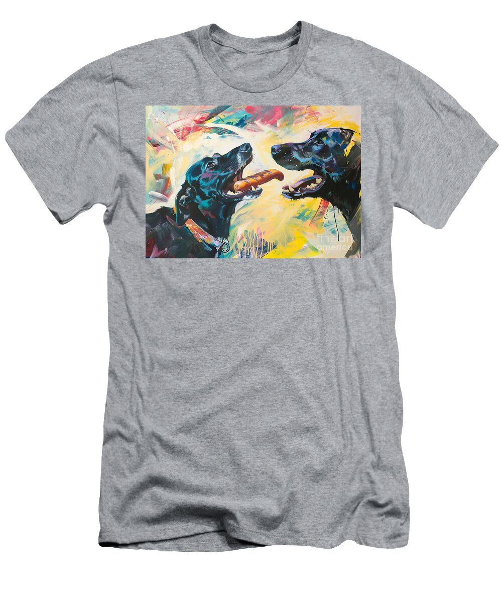 Cute Couples Lowchen Dog Sharing a Hotdog At a Baseball Game Eldre Delvie T-Shirt
