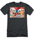 Cute Couples Playful Lowchen Dog Sharing a Hotdog At a Baseball Game Eldre Delvie T-Shirt