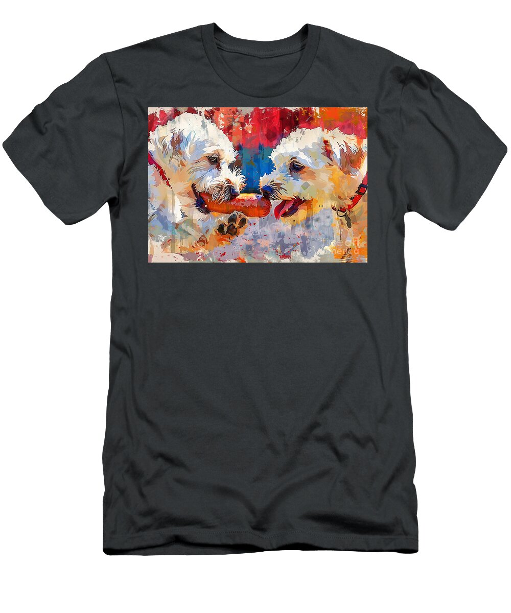 Cute Couples Playful Lowchen Dog Sharing a Hotdog At a Baseball Game Eldre Delvie T-Shirt