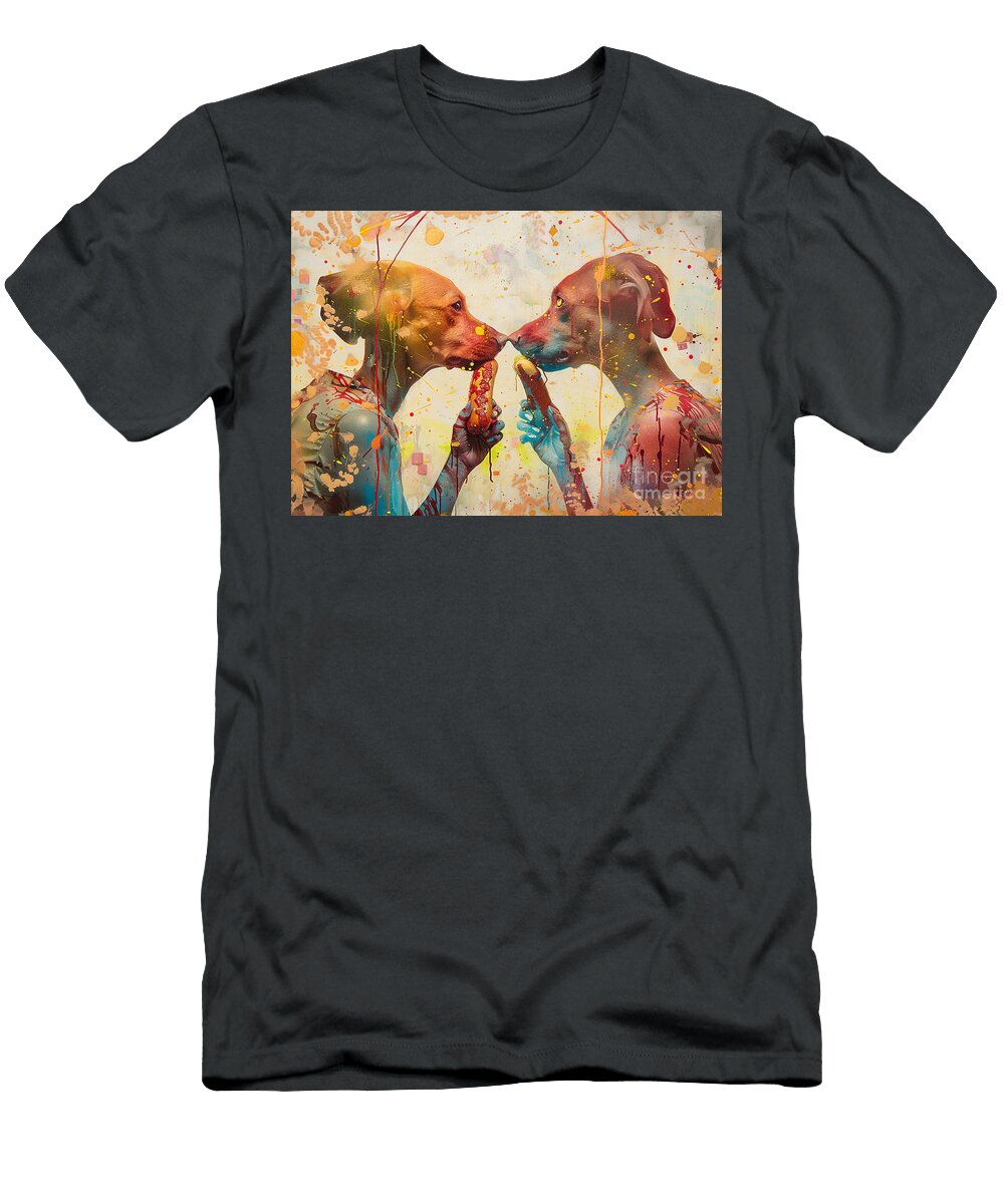 Cute Couples Vizsla Dog Sharing a Hotdog At a Baseball Game Eldre Delvie T-Shirt