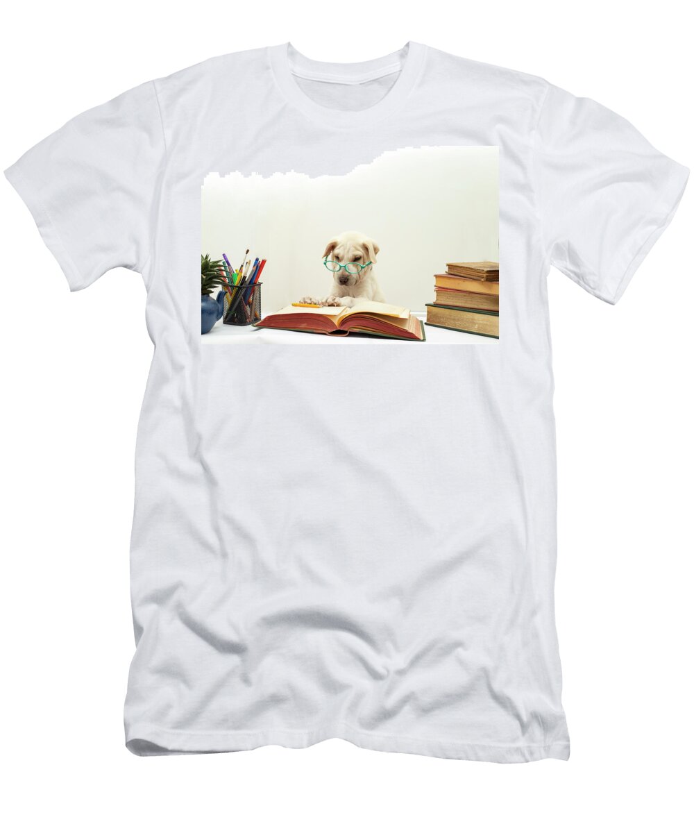 Cute Puppy Dog with Eye Glasses Reading in a Opened Vintage Book Dorin Puha T-Shirt
