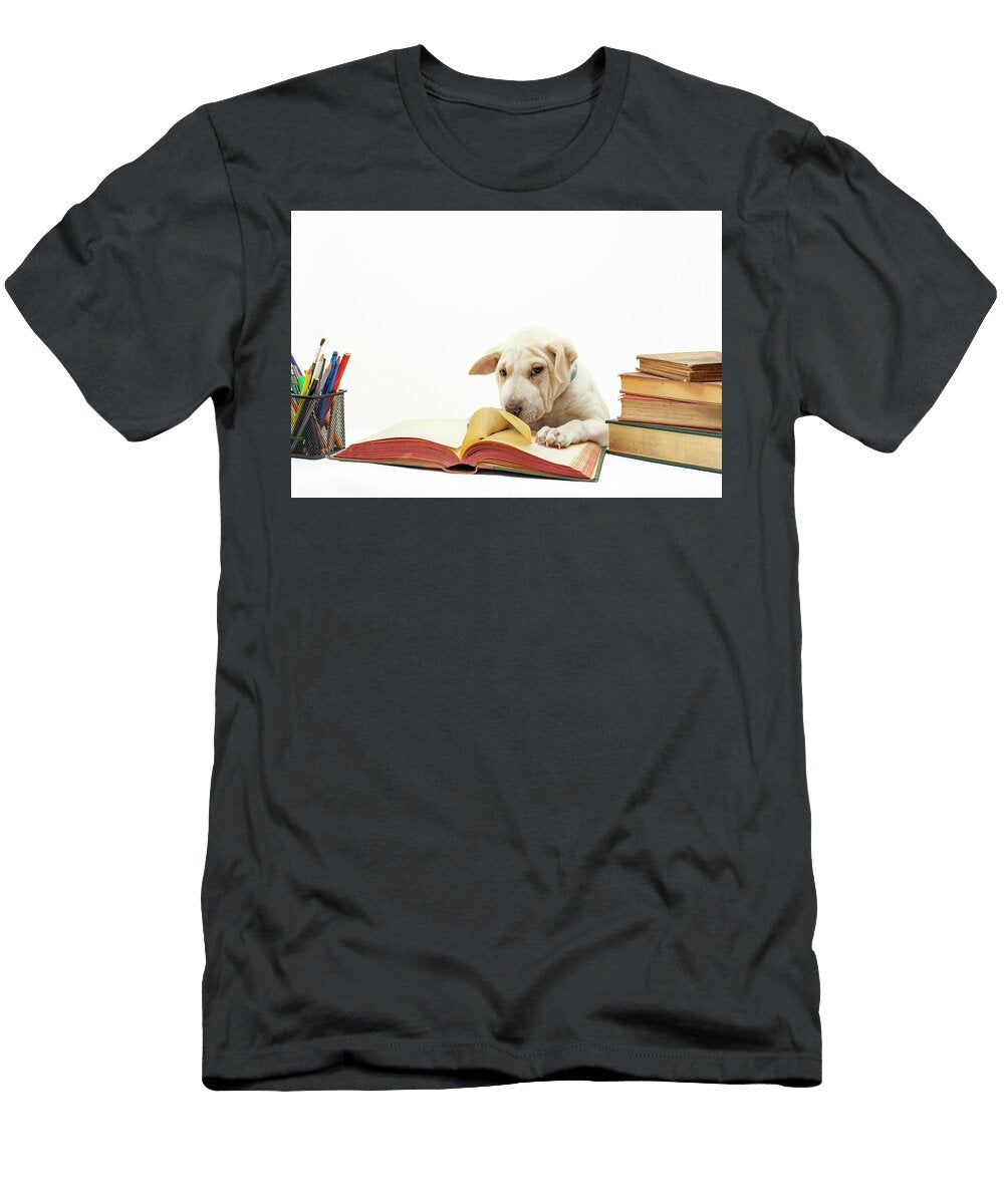 Cute Puppy Dog with Wrinkled Skin Reading and Turning the Page Dorin Puha T-Shirt