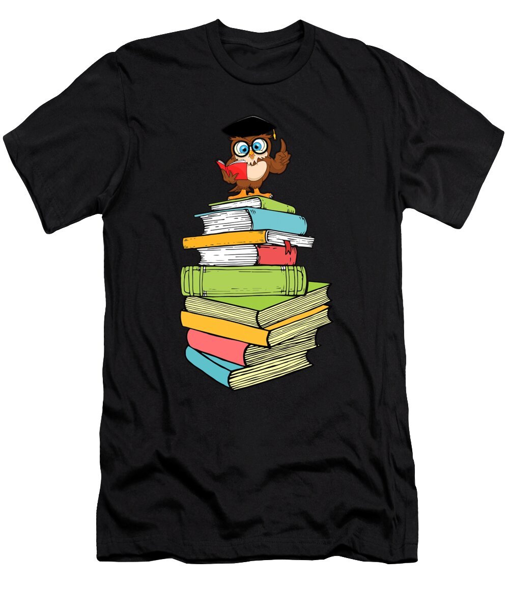 Cute Smart Literature Bookworm Owl Bibliophile Pile of Books Thomas Larch T-Shirt