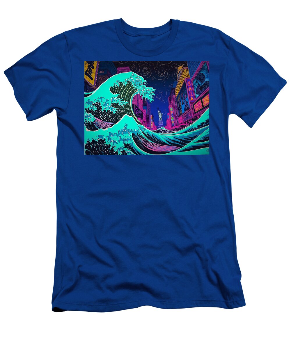 Cyberpunk Great Wave New York City Neon Synthwave Art Vandy Fullum T-Shirt