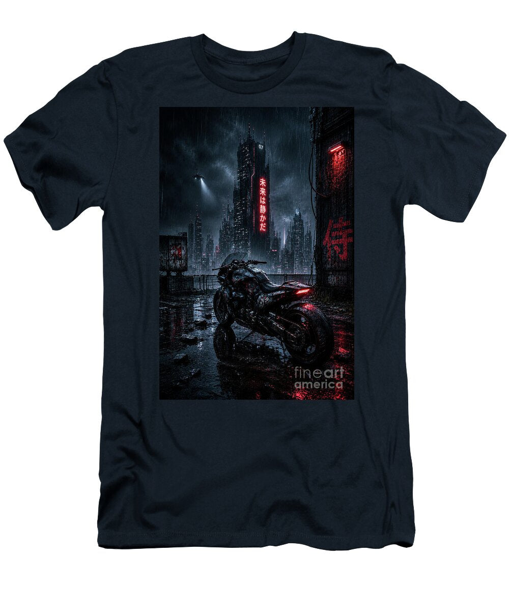 Cyberpunk Motorcycle Cityscape Neon Futuristic Bike Wall Art Poster Luis Vieira T-Shirt