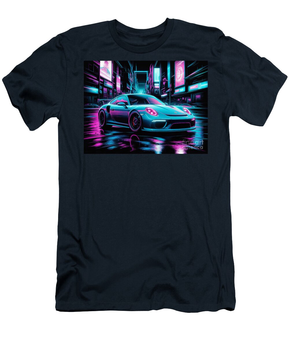 Cyberpunk Outrun Vaporwave Synthwave Cityscape Porsche 911 Gt2 Neon Retro Travel Lowell Harann T-Shirt
