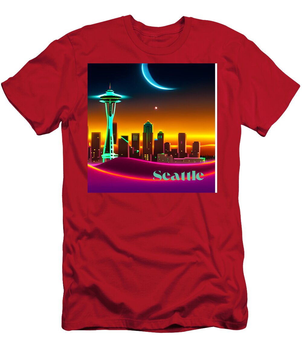 Cyberpunk Seattle Skyline At Night Whitney Ervin T-Shirt