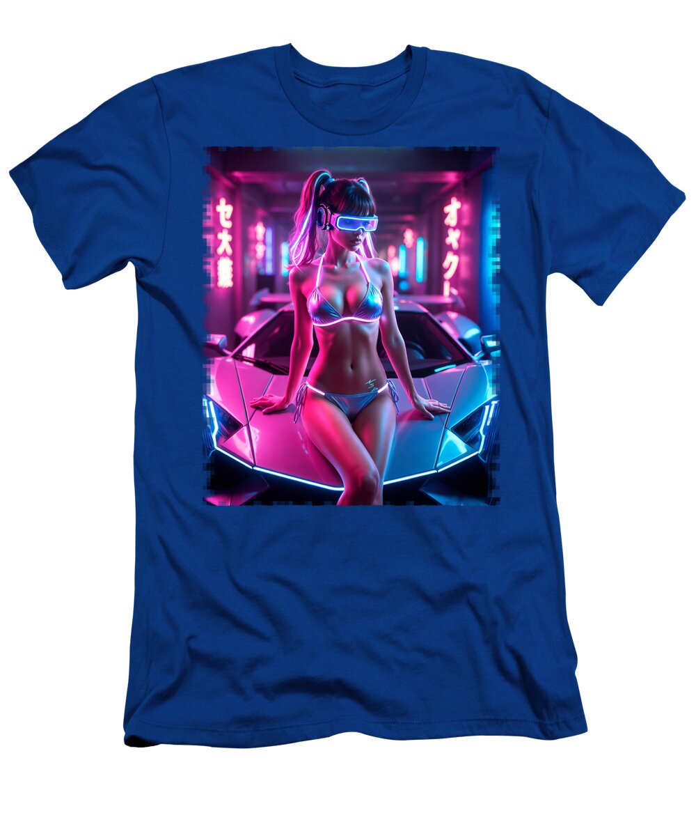 Cyberpunk Vision with Futuristic Ar Girl in Neon Tech Scene with Exotic Car Nico Simon Princely T-Shirt