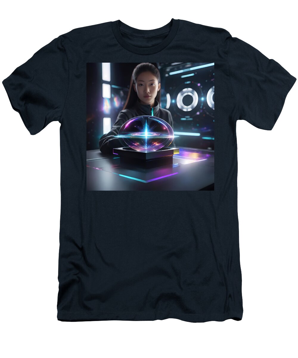 Cyberpunk Woman with Glowing Galaxy Sphere High Tech Neon Interior Art Jon Fennel T-Shirt