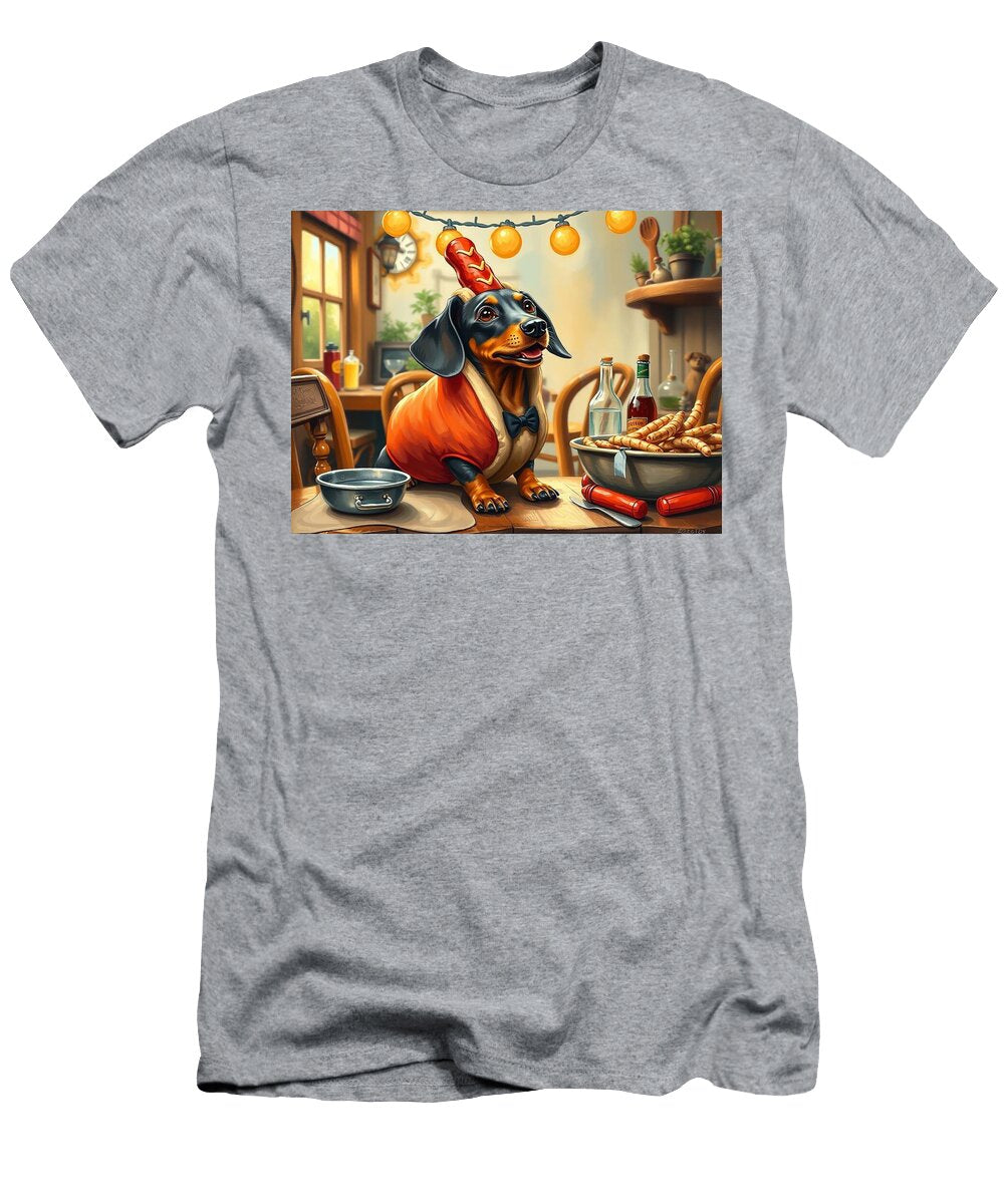 Dachshund in Hotdog Costume Dachshund Wearing a Long Hotdog Costume At a Summer Bbq Carla York T-Shirt