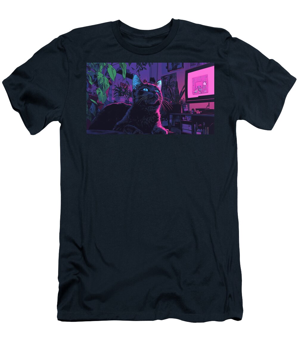 Dark Cat Indoor with Plants and Computer in Neon Light Cedillo Alfaro T-Shirt