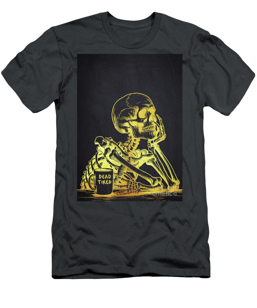 Dead Tired Skeleton with Coffee Mug Aged Pixel T-Shirt
