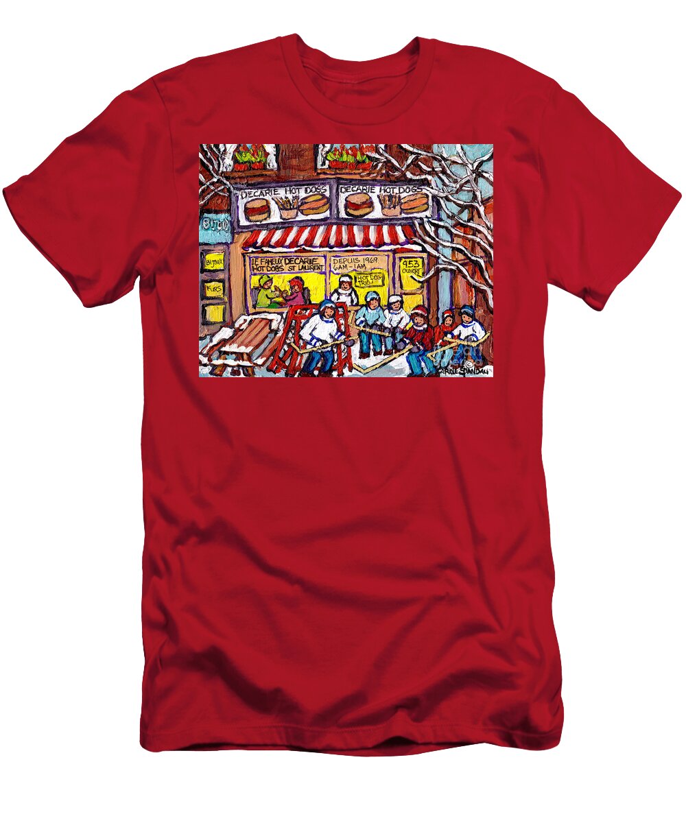 Decarie Hot Dogs Famous Montreal Landmark Hockey Winterscene Painting Original Art for Sale Cspandau Carole Spandau T-Shirt