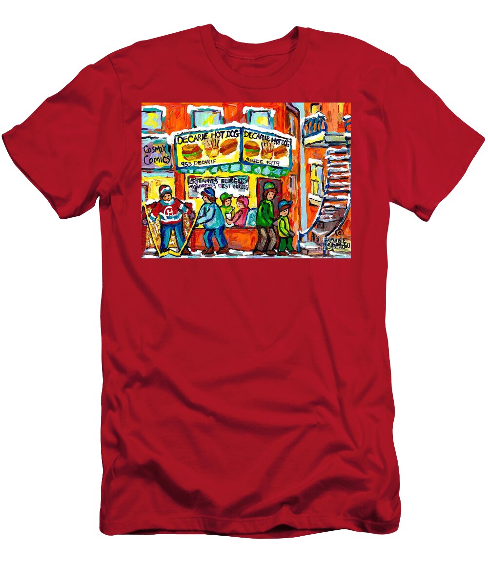 Decarie Hotdog Restaurant Montreal Winter Scene Hockey Game Canadian Art for Sale Carole Spandau Carole Spandau T-Shirt