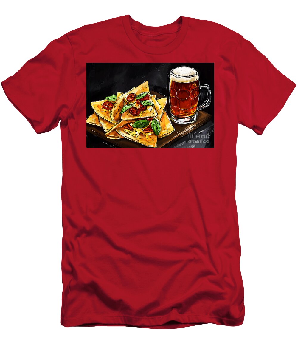 Delicious Quesadillas with Chorizo and Fresh Basil and Frothy Mug of Amber Ale Pub Food Feast Olfactoart Studio T-Shirt