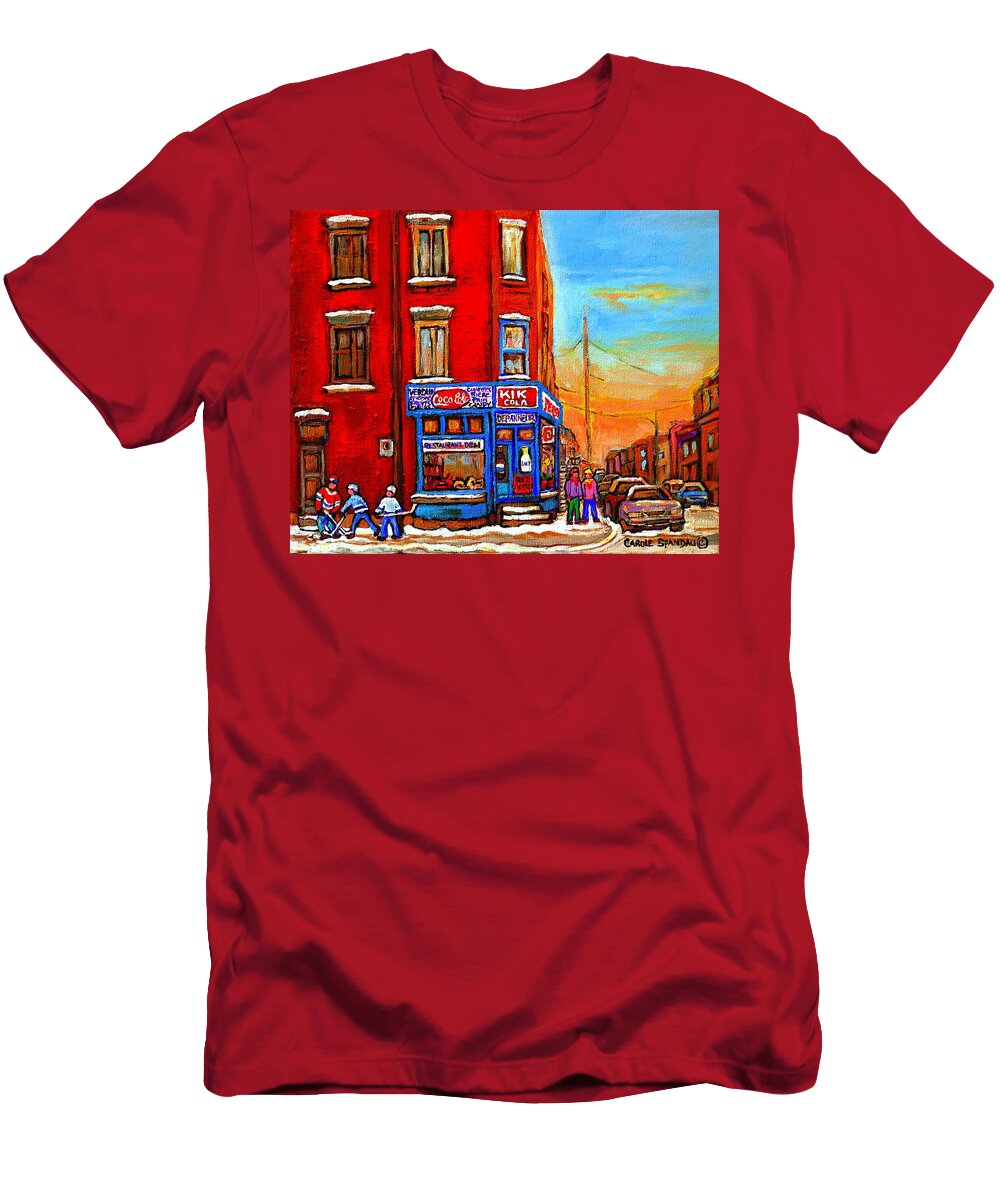Depanneur Marche Fruits Verdun Restaurant Smoked Meat Deli Montreal Winter Scene Paintings Hockey Carole Spandau T-Shirt