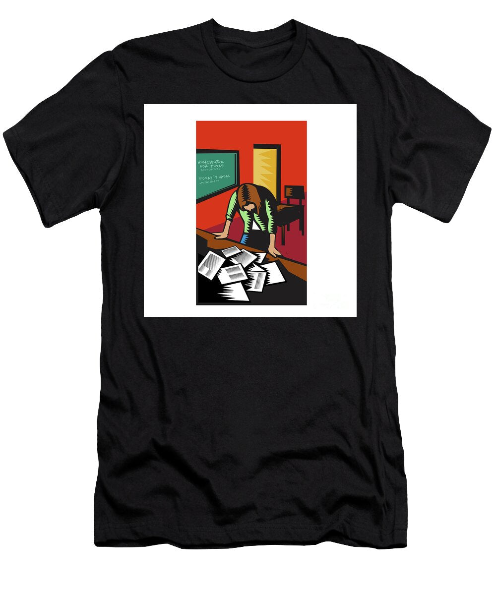 Depressed Female School Teacher Classroom Woodcut Aloysius Patrimonio T-Shirt