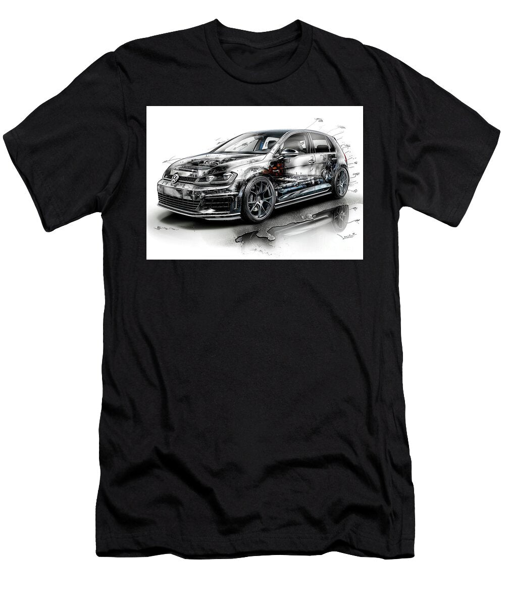 Detailed Illustration of a Volkswagen Golf Car with Body Showing Engine and Chassis Lowell Harann T-Shirt
