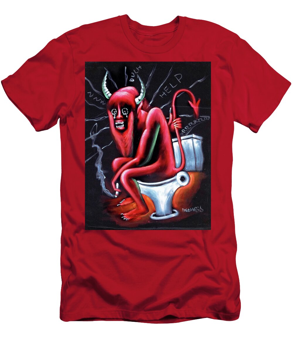 Devil on Toilet Bathroom Satan Original Mexican Black Velvet Oil Painting Sa189 Palomares T-Shirt