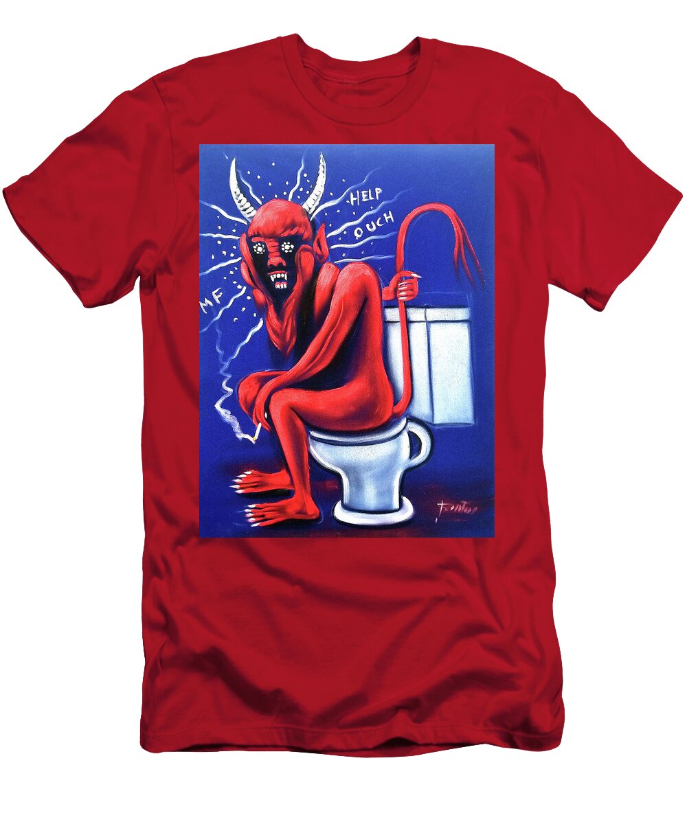 Devil on Toilet Bathroom Satan Original Mexican Black Velvet Oil Painting Sa189 Santos T-Shirt