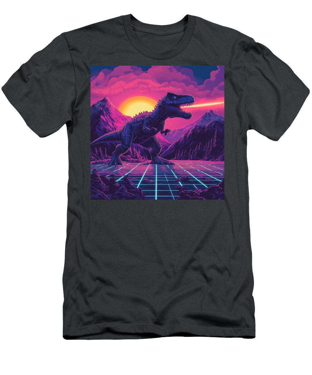 Dinosaur Roaring with Laser Beam Neon Grid Sunset Sukanta Khatiwada T-Shirt